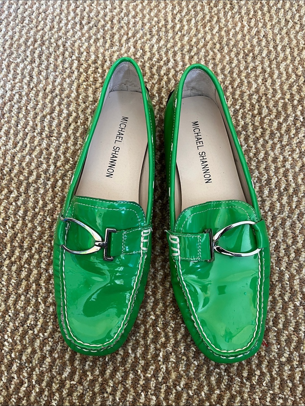 Michael Shannon Bright Green Patent Leather Loafers with Silver Hardware